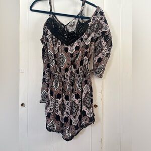 Charlotte Russe Paisley Boho Summer Wear Romper with Black Lace